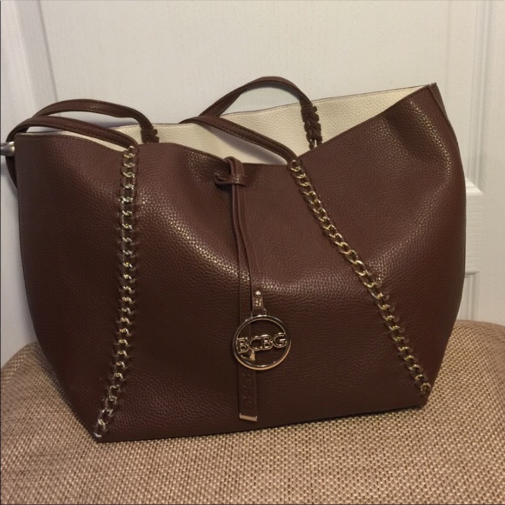 BCBG Reversible Brown Off White Leather Tote